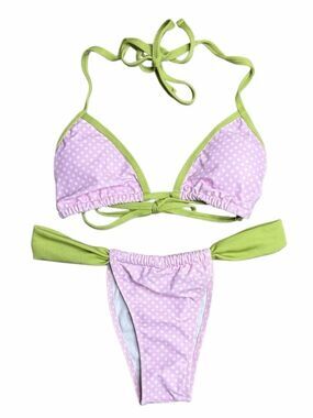 Pink Polka Dot Bikini with Lime Green Trim Small